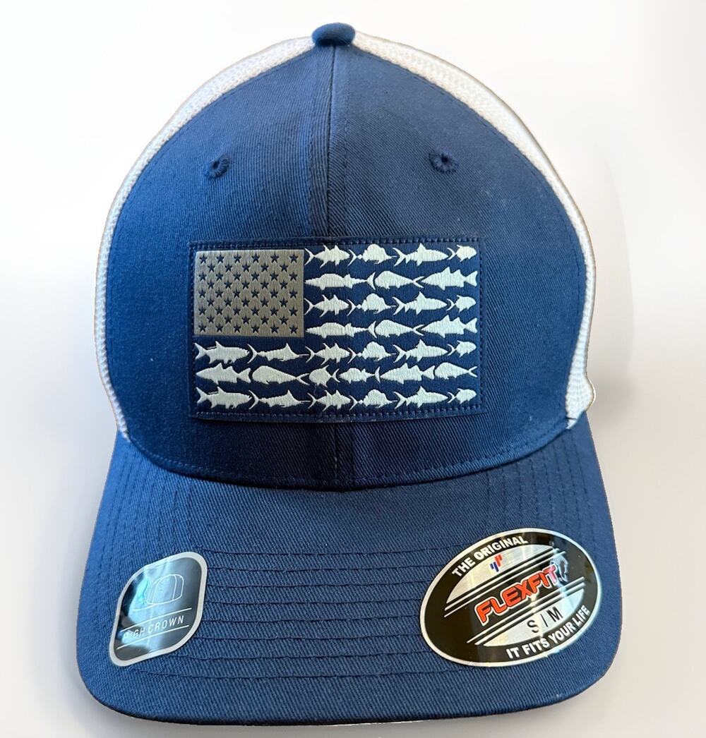 Columbia PFG Unisex Blue White Mesh Fish Flag Fitted Flexfit Hat Size S/M CU0117